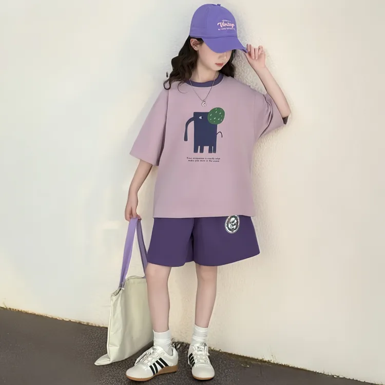 女童夏季休闲套装儿童女孩洋气简约可爱印花短袖短裤宽松透气舒适