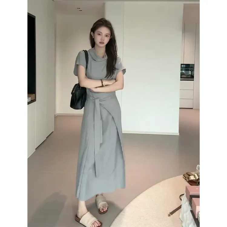设计感别致小众连衣裙女夏季2025新款荡领修身短袖系带中长款裙子