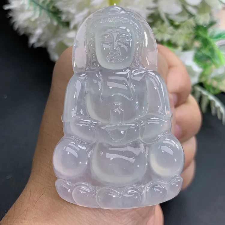 尺寸65.4×40.3×6.7缅甸天然翡翠A货冰种起胶白月光男款观音吊坠