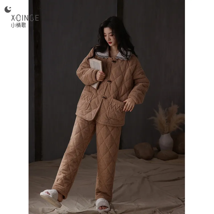 珊瑚绒睡衣女冬季三层加厚夹棉加绒保暖秋冬天新款棉袄家居服套装