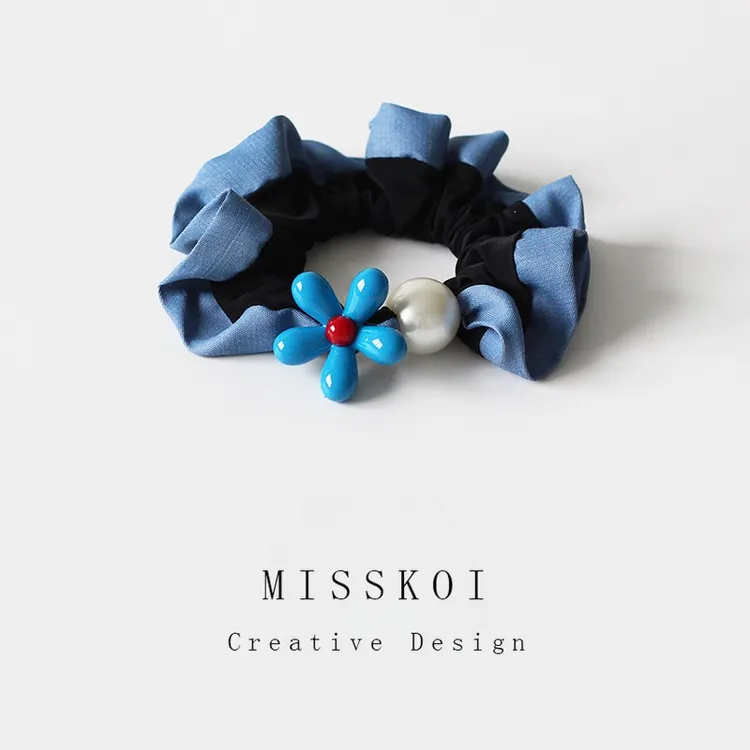 MISSKOI 蓝色小花蓝边小肠发圈女新款可爱百搭扎低马尾的头花发饰