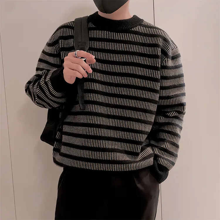 条纹男士毛衣秋冬季加厚痞帅百搭圆领打底衫潮流休闲上衣轻奢男装
