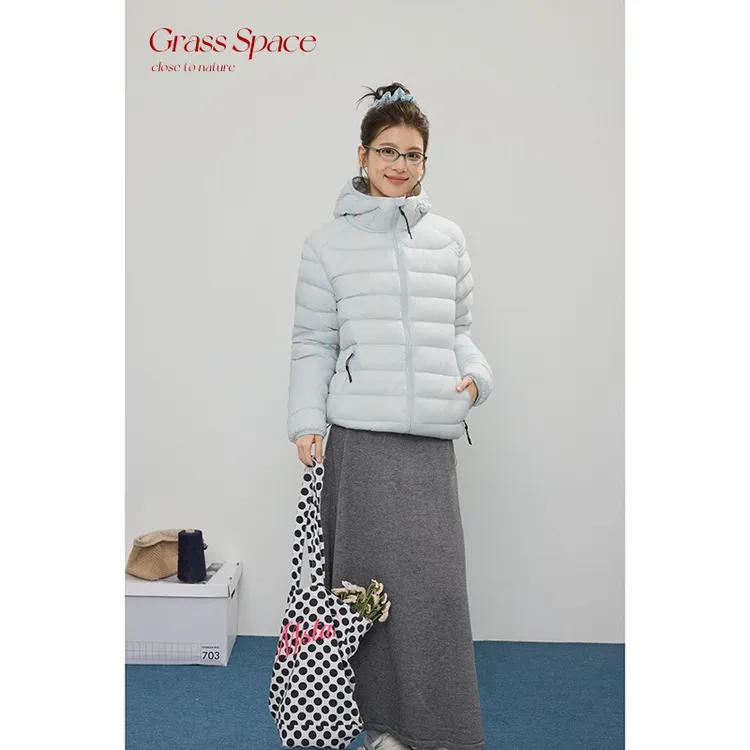 原野空间GRASS SPACE 90白鸭绒连帽排骨羽绒服女秋冬休闲百搭外套