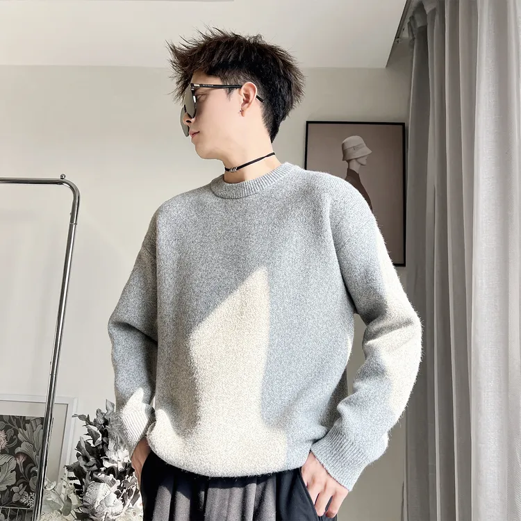百搭休闲潮流圆领保暖男士秋冬宽松拼接毛衣针织衫加绒半高领加厚