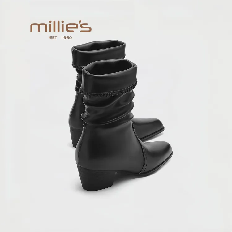 MILLIE'S/妙丽英伦中筒褶皱堆堆韩版时装靴复古尖头粗跟瘦瘦靴女
