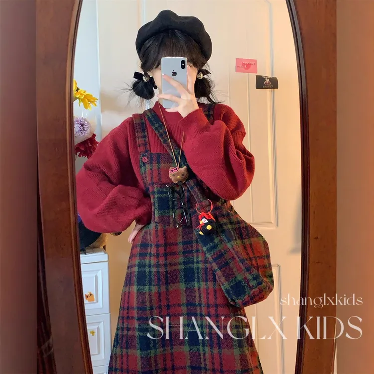 女童毛呢格子背带裙套装冬装2025小女孩时髦连衣裙过年新衣拜年服