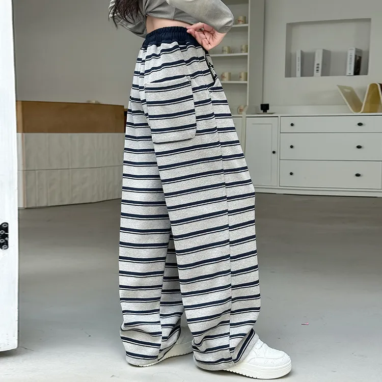 儿童秋装2025新款大女童装条纹裤子春秋款运动卫裤秋季阔腿直筒裤