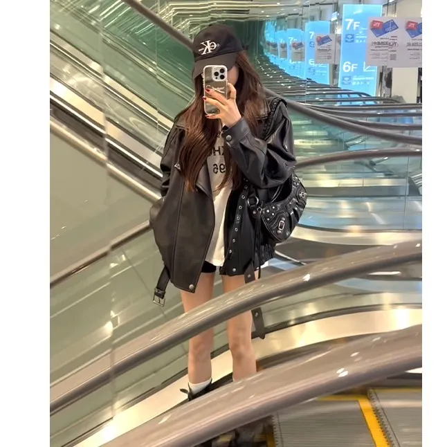 美式复古黑色机车皮衣外套女春秋新款显瘦高级感荔枝纹皮夹克女款