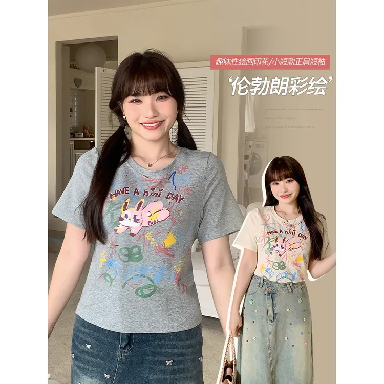 美式复古涂鸦兔子印花t恤女夏季大码胖mm气质百搭显瘦上衣63418