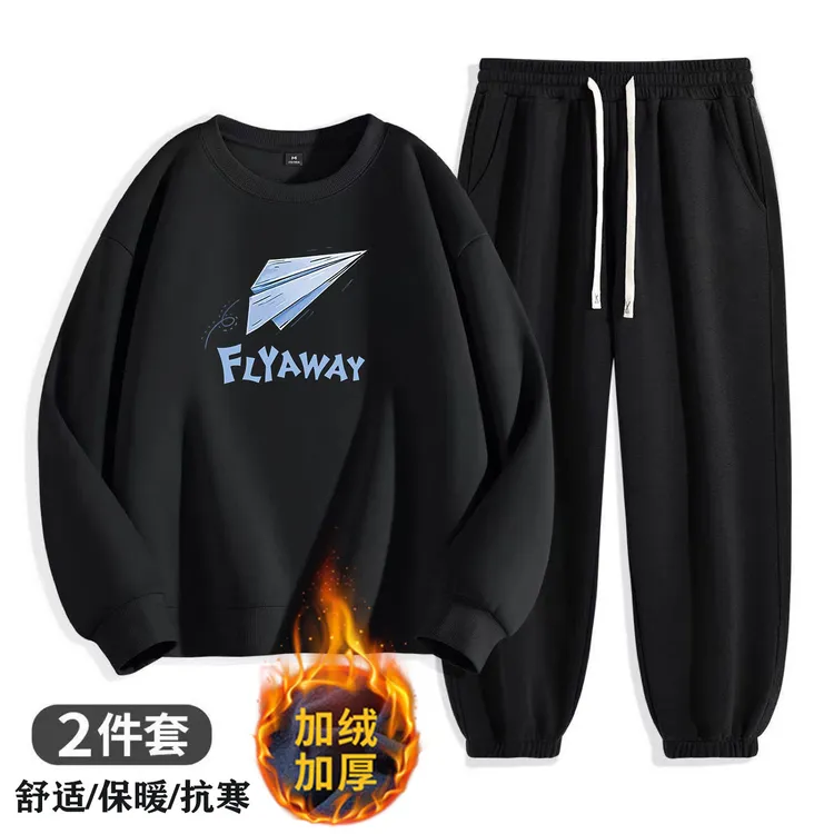 秋冬季卫衣套装男潮流帅气宽松男士圆领上衣加绒加厚运动休闲卫裤