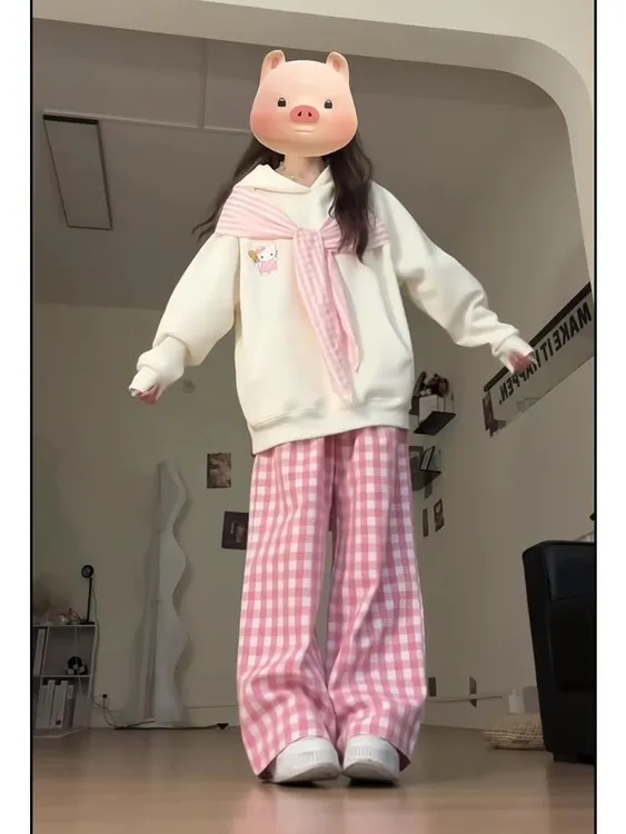 格子披肩kitty猫刺绣外套卫衣女新款春秋设计感宽松学生上衣套装