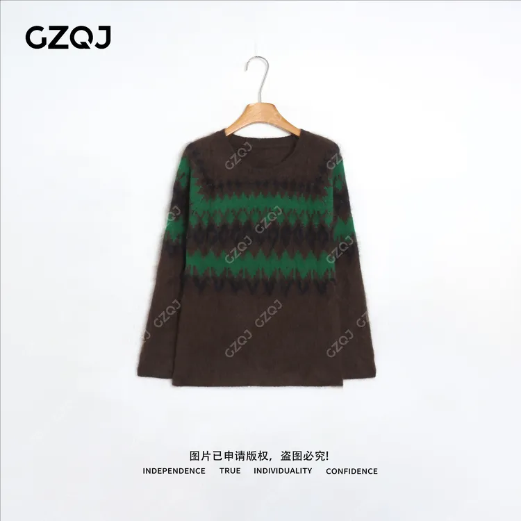 老琴私服【平行宇宙】100羊毛高级配色圆领拉毛毛衣上衣女冬 35194