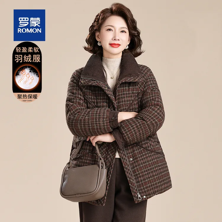 罗蒙年轻妈妈冬装羽绒服女洋气时尚格子复古中老年人加厚保暖外套