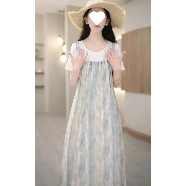 韩版轻奢洋气假两件连衣裙夏季新款高贵显瘦气质印花时尚减龄裙子