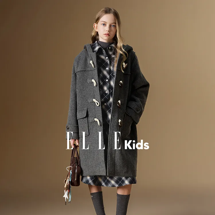 ELLE KIDS童装牛角扣学院风毛呢大衣女童冬新款法式中长款外套D1