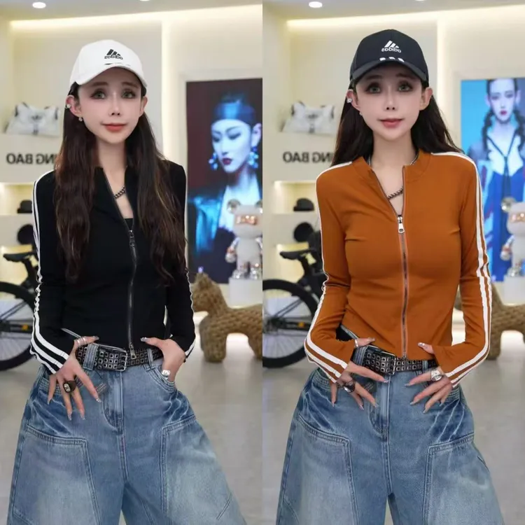 星宝定制美式运动辣妹性感加绒长袖T恤修身拉链开衫上衣外套1369