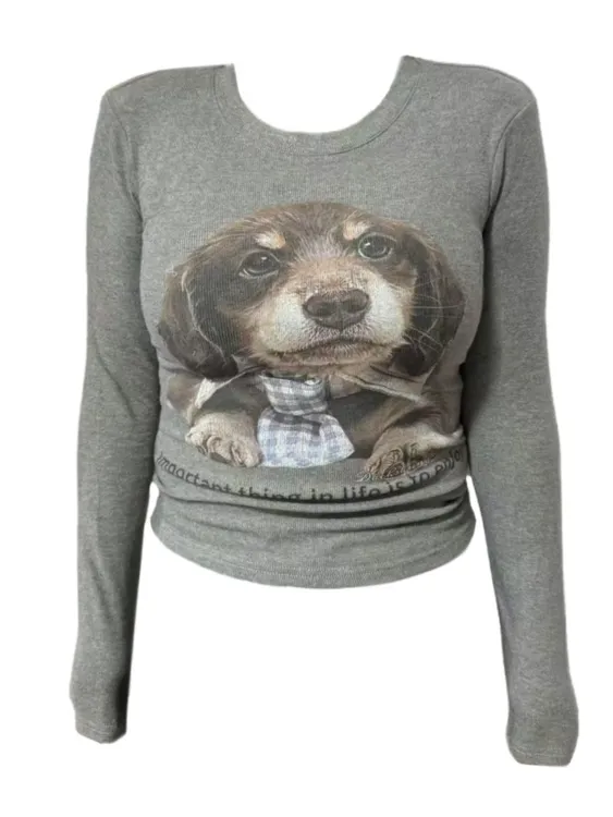 Amy家 微胖mm美式辣妹小狗印花长袖T恤女秋冬修身显瘦打底衫上衣