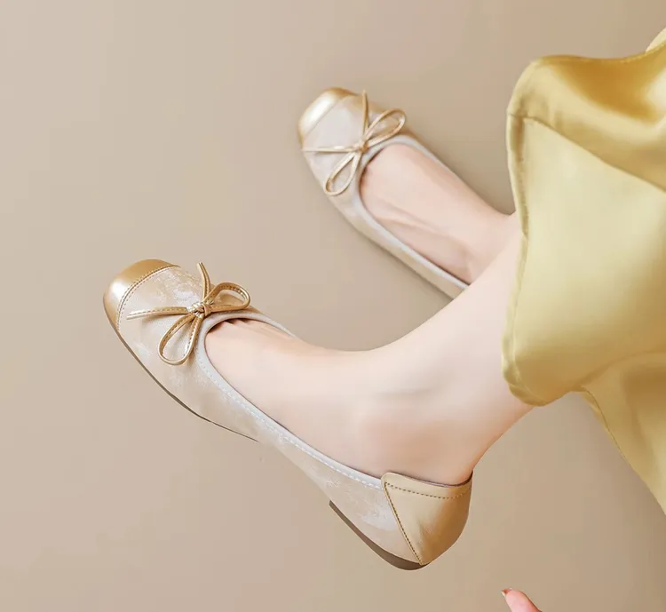 法式早秋新款方圆头平底套脚浅口单时尚百搭软底蝴蝶结芭蕾舞单鞋