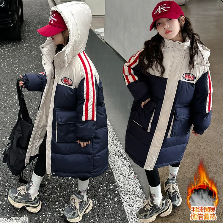 女童冬季羽绒服2025冬装新款工装撞色中长款面包服学生白鸭绒外套