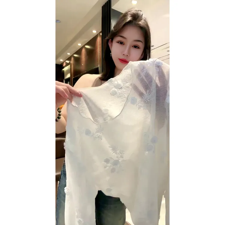 欧货提花微透长袖碎花蕾丝衫