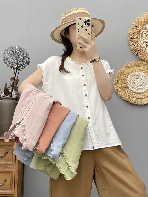 夏装衬衣夏季衬衫纯色显瘦宽松型木耳棉纱复古小飞袖-66137