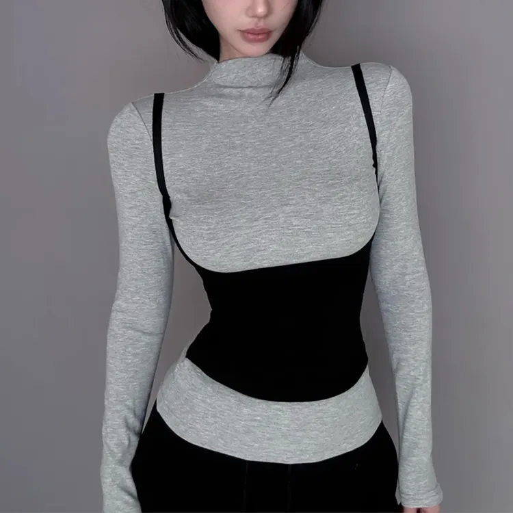 独特漂亮假两件撞色设计内搭长袖T恤女装秋冬打底衫修身显瘦上衣