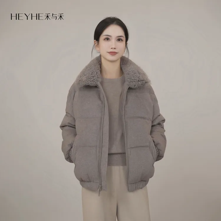 小禾【毛毛鹅】90白鹅绒羊毛桑蚕丝针织老钱面包鹅绒服复古毛领短款