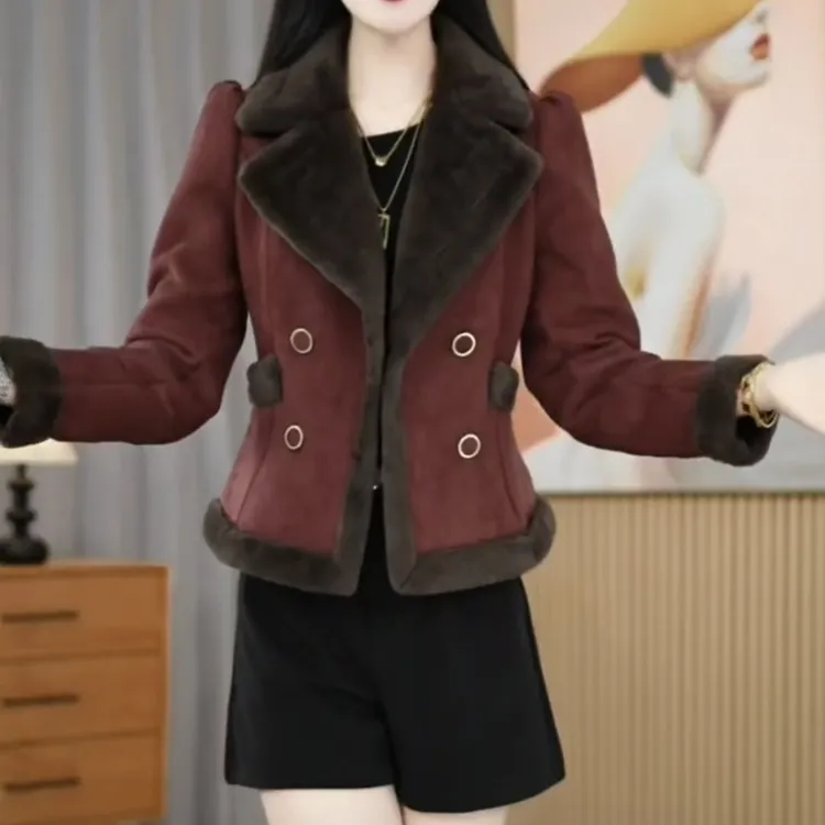 高档绒毛一体小个子时尚短外套2025冬季新款加厚保暖减龄显瘦外套