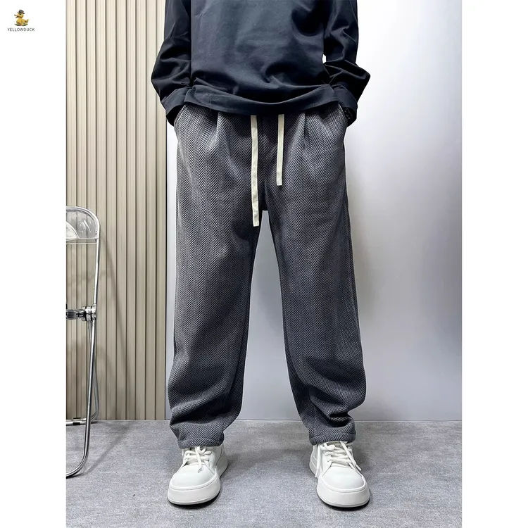 裤子男士冬季加绒休闲裤宽松直筒慵懒风垂感美式条纹阔腿长裤潮牌