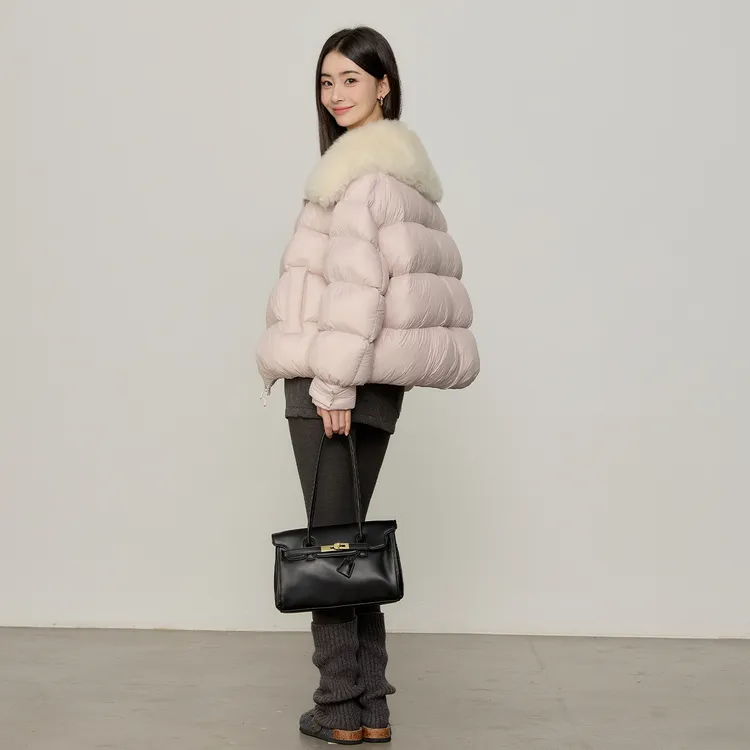 雪顶羽绒 山羊绒皮毛一体皮草毛领女短款90白鹅绒羽绒服25270-2