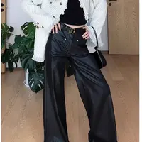 【慵懒的风】黑色高级感垂坠撞色线皮裤懒人阔腿休闲长裤女