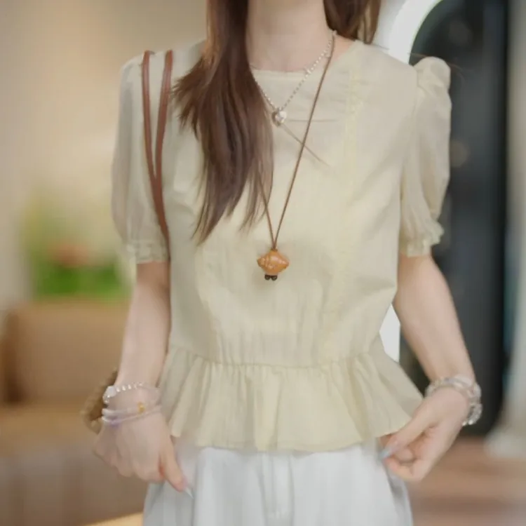 2025夏新法式圆领蕾丝花边感上衣衬衫LK2503506