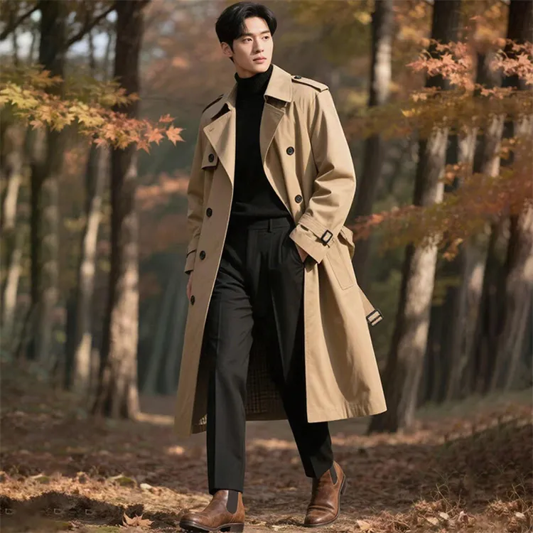 高端男士英伦风加长款战壕风衣2025春秋双排扣商务休闲帅气外套