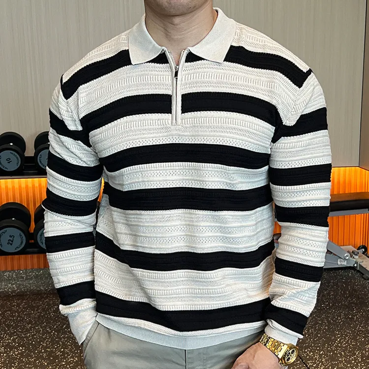 条纹长袖POLO衫男翻领拉链针织衫宽松休闲慵懒风毛衣撞色男士春秋