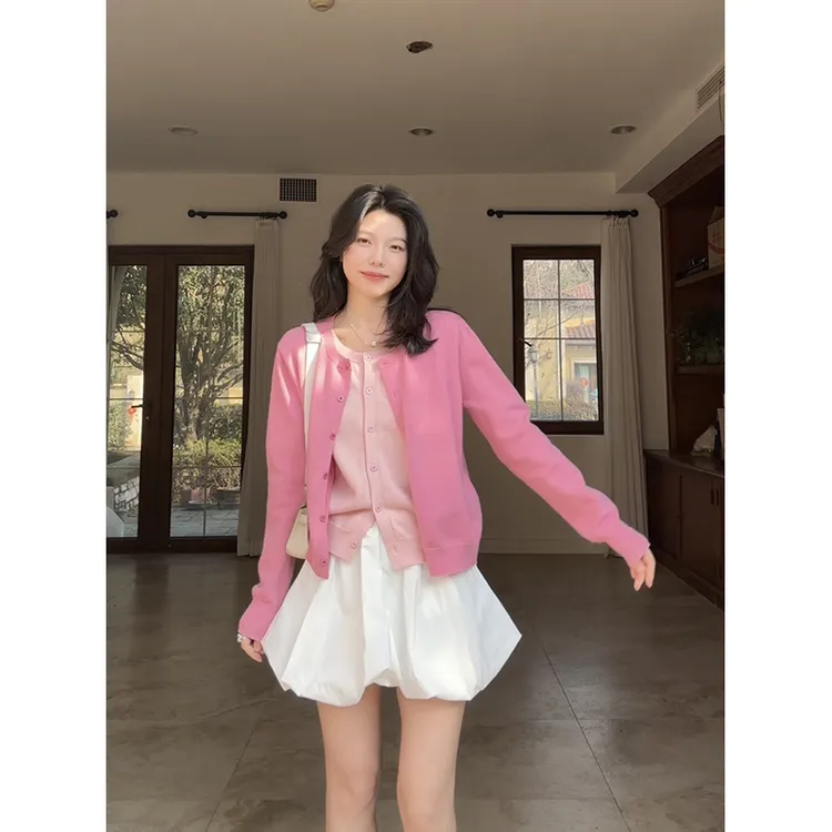 郭九九呢 100%棉减龄高腰花苞半裙假两件显瘦毛衣开衫 G925G01068