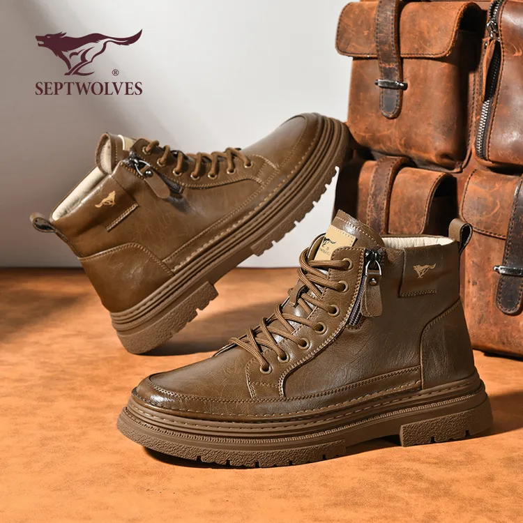 七匹狼男鞋户外休闲时尚百搭中帮皮靴秋冬季厚底英伦风工装马丁靴