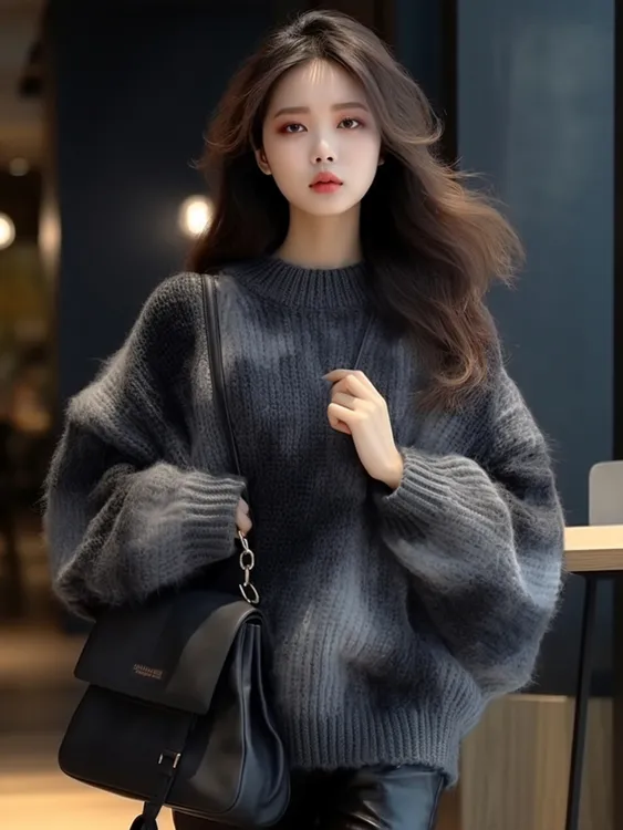 慵懒风毛针织衫超好看黑灰色扎染毛衣女秋冬百搭时尚气质上衣复古