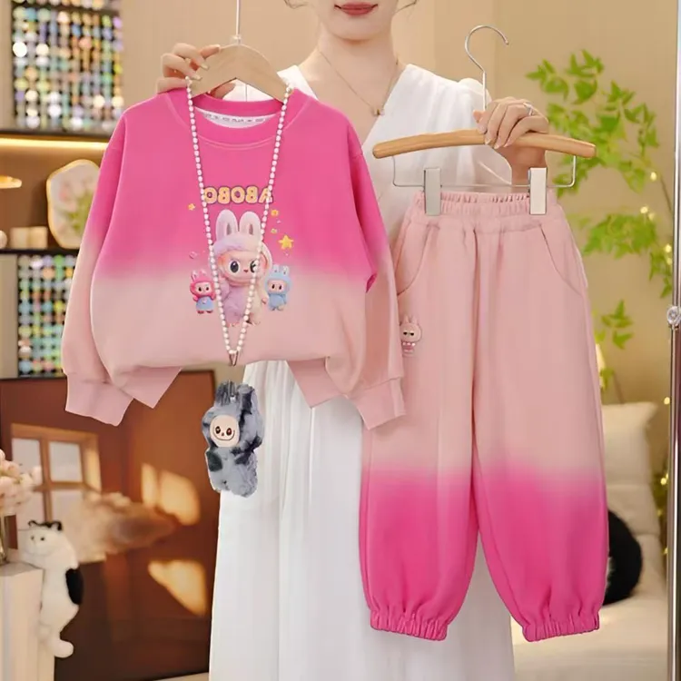 女童春秋款渐变套装2025新款儿童秋装洋气女孩卡通宝宝卫衣两件套