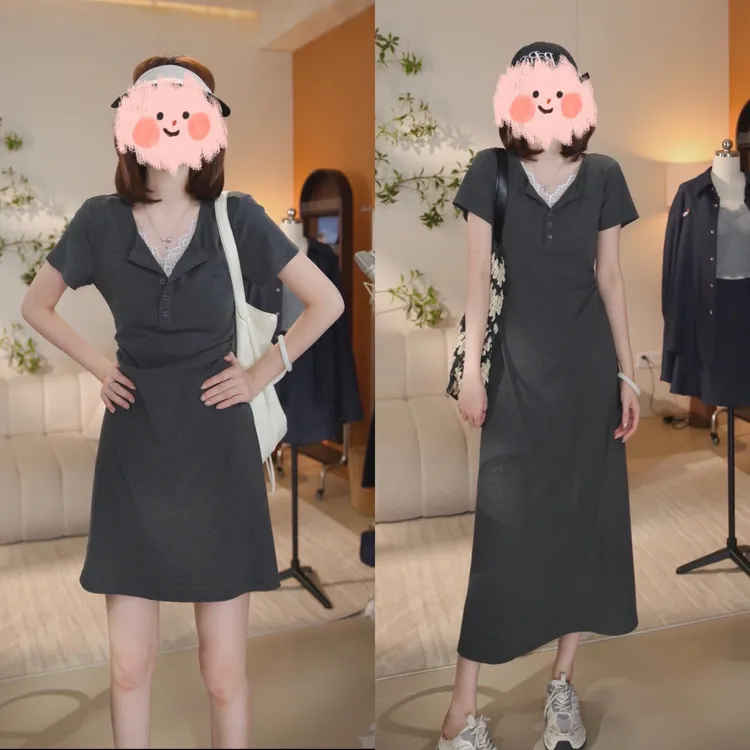 夏季百搭修身显瘦中长款裙子蕾丝拼接收腰连衣裙