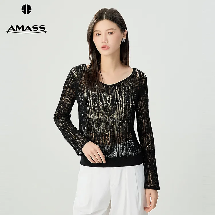 阿玛施AMASS 慵懒随性镂空设计大V领针织上衣538017