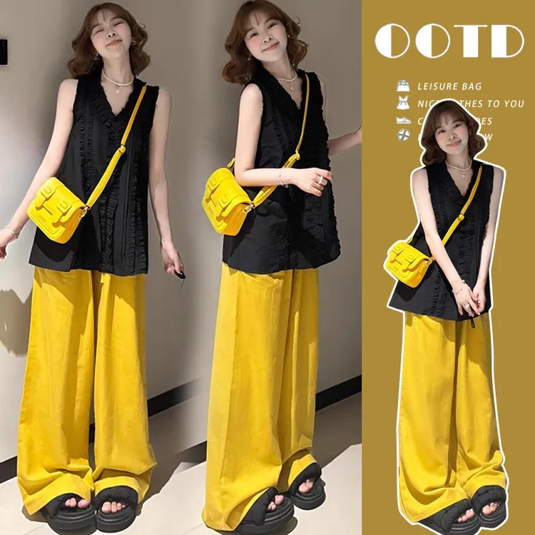 2025新款孕妇装法式ins风时尚套装木耳边无袖上衣托腹阔腿裤套装