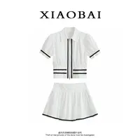 XIAOBAI 双色POLO修身短袖衬衫短裙两件套贵气千金风时尚显瘦套装