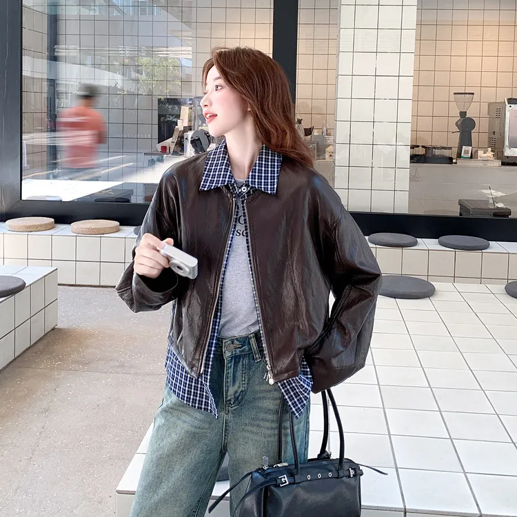美拉德高级感气质皮衣外套女2025新款秋季假两件格纹拼接机车夹克
