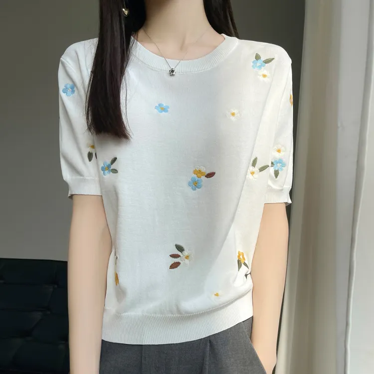 商场同款2025夏季新款短袖t恤女小香风刺绣冰丝百搭针织衫上衣潮