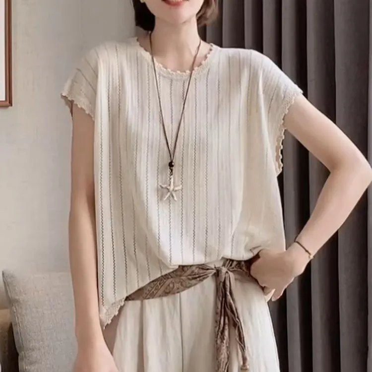 2025新款夏季薄款休闲花边领小飞袖上衣LK2504678