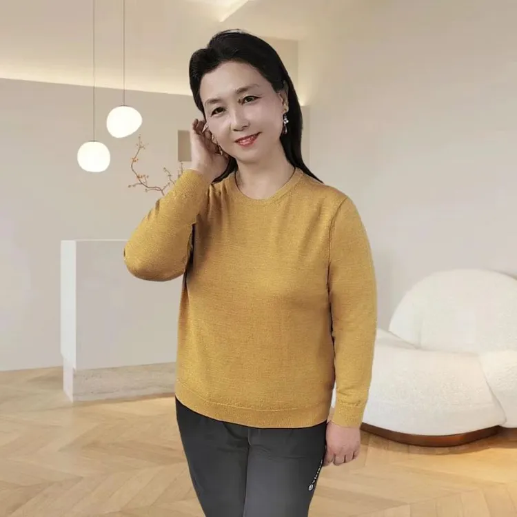 春秋新款100%纯羊毛衫女士纯色圆领套头针织衫宽松简约百搭打底衫