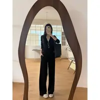 【柔软时光】加长V领长袖针织上衣+直筒裤子秋冬套装两件套 25114