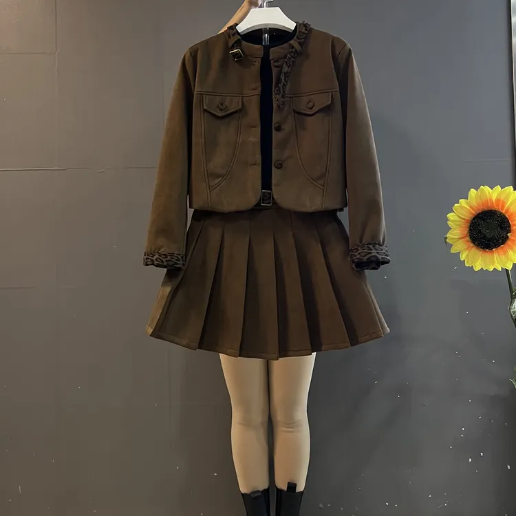 新款时尚气质美拉德风短款上衣➕百褶裙洋气显瘦两件套