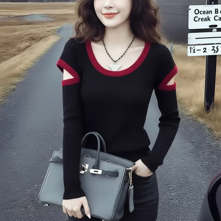 韩系撞色设计感露肩长袖针织衫女2026春装新品洋气减龄打底衫上衣