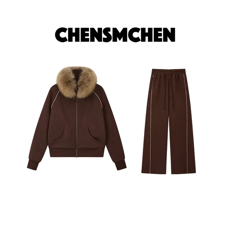 CHENSMCHEN 【可可暖绒】连帽撞色美拉德毛领卫衣套装CSW10709LC